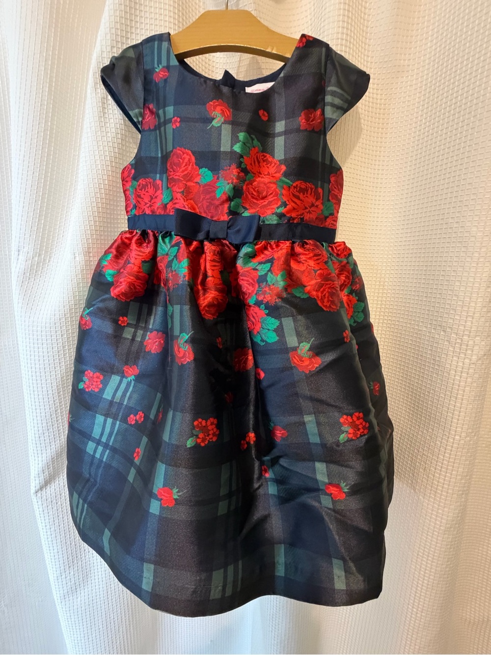Tommy Bahama Navy Plaid Dress with Red Floral Accents